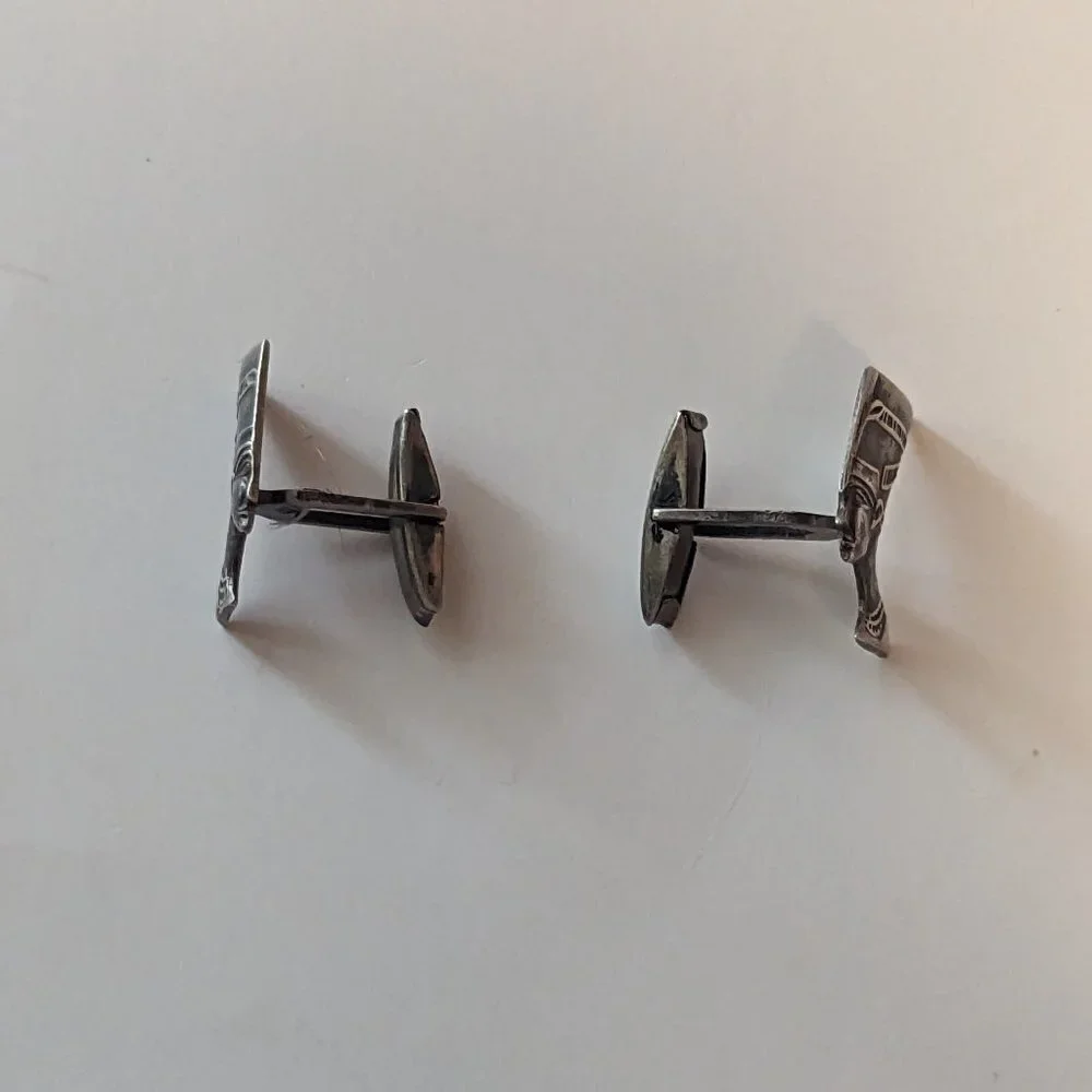 Vintage Cufflinks Egyptian Sterling Silver Nefertiti Egyptian Revival Whale Back